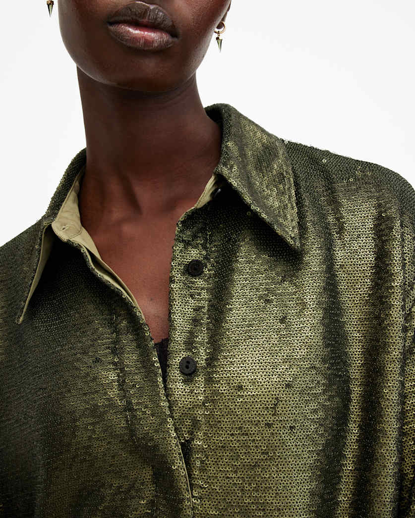 AllSaints Charli Sequin Relaxed Fit Shirt Women's Olive Green Women's