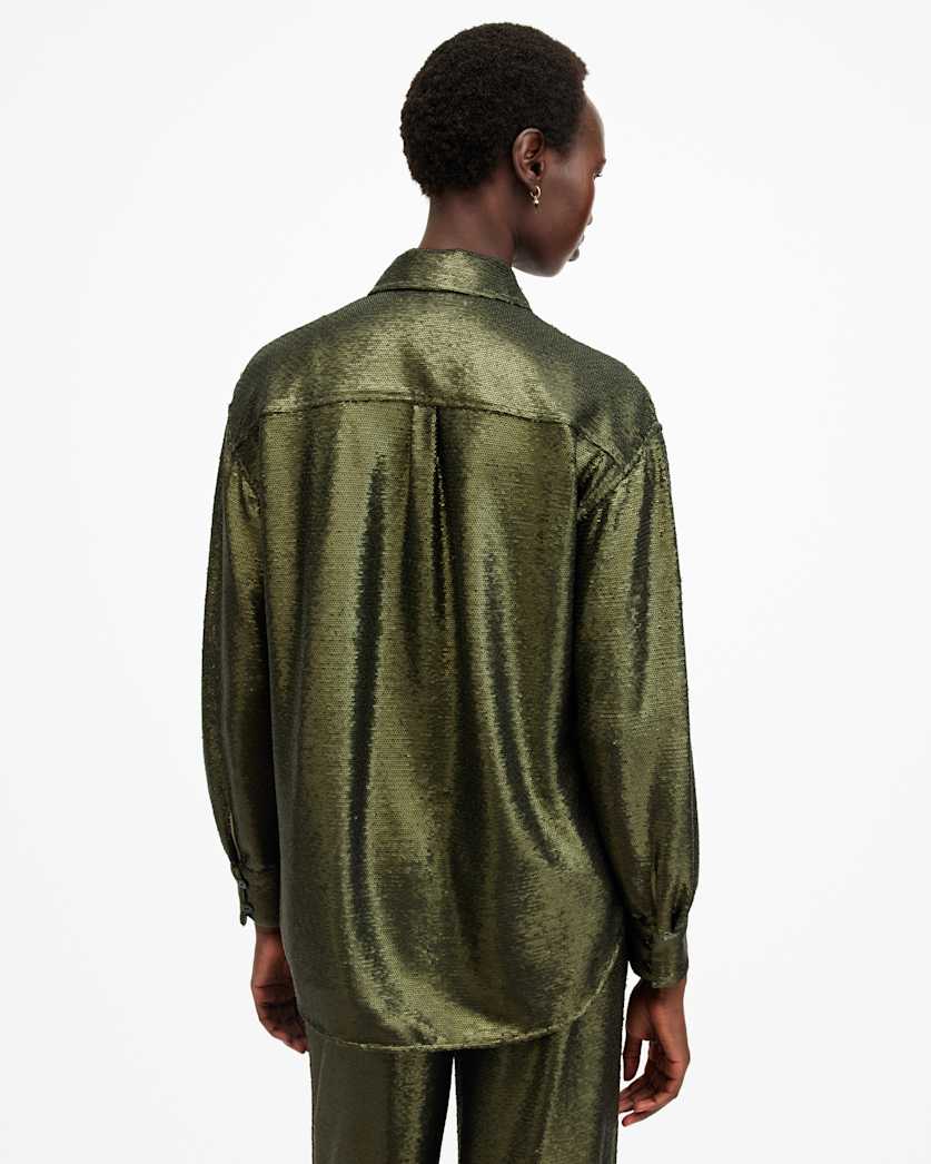 AllSaints Charli Sequin Relaxed Fit Shirt Women's Olive Green Women's
