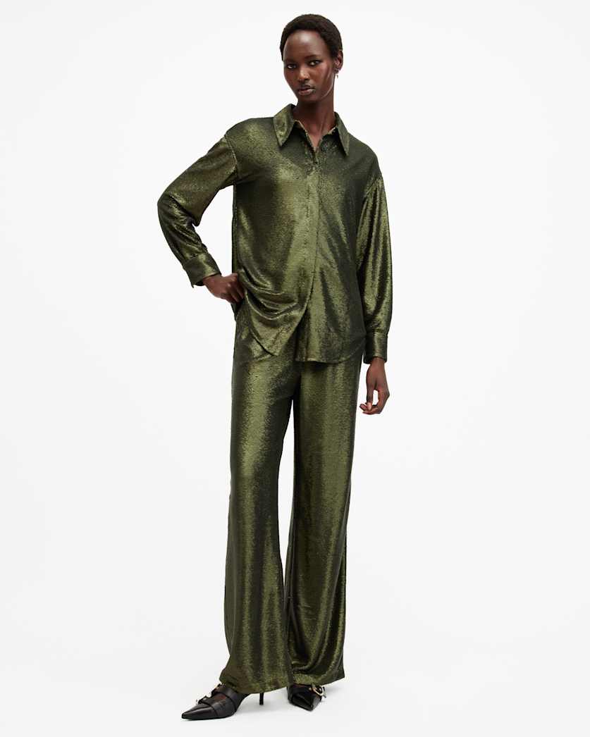 AllSaints Charli Sequin Relaxed Fit Shirt Women's Olive Green Women's