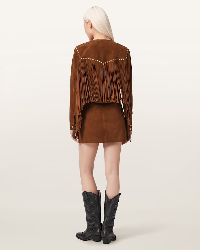 AllSaints Alice Suede Studded Mini Skirt Women's Cognac Brown Women's