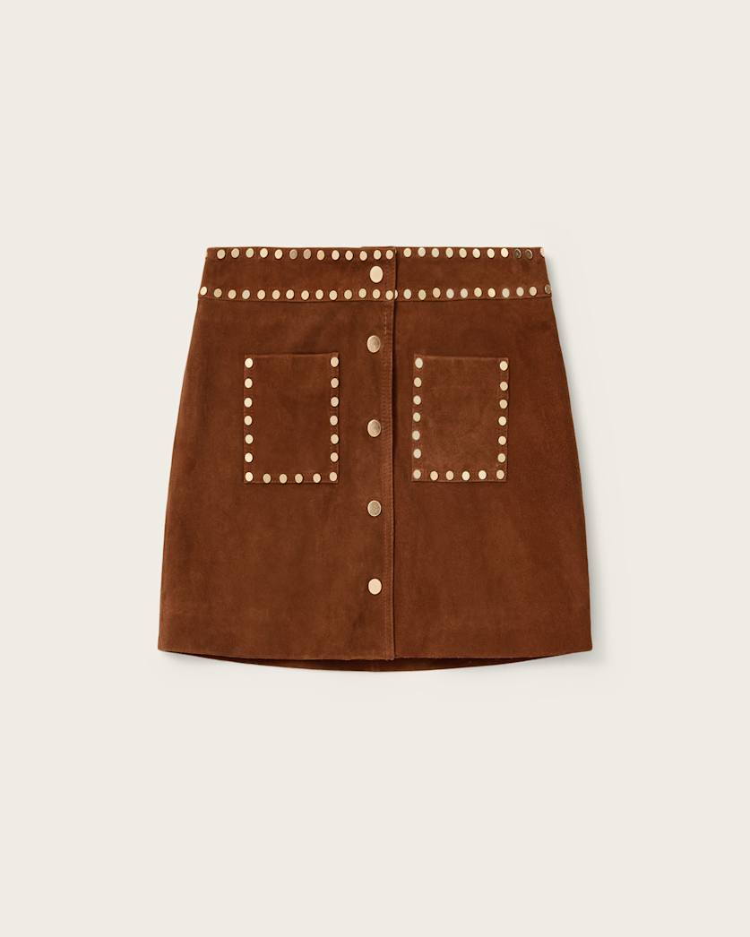 AllSaints Alice Suede Studded Mini Skirt Women's Cognac Brown Women's