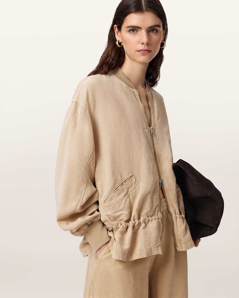 AllSaints Sofi Linen Blend Drawstring Bomber Jacket Women's Sand Brown Women's