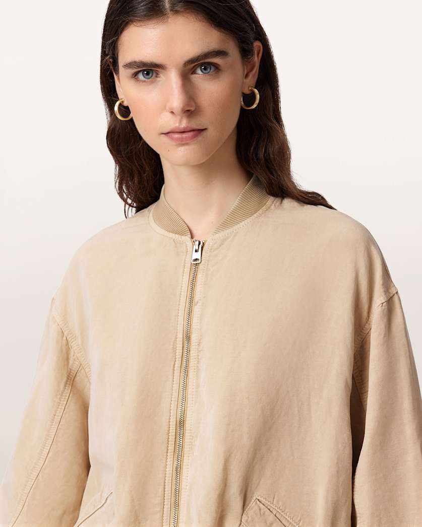 AllSaints Sofi Linen Blend Drawstring Bomber Jacket Women's Sand Brown Women's