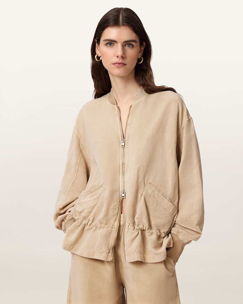 AllSaints Sofi Linen Blend Drawstring Bomber Jacket Women's Sand Brown Women's