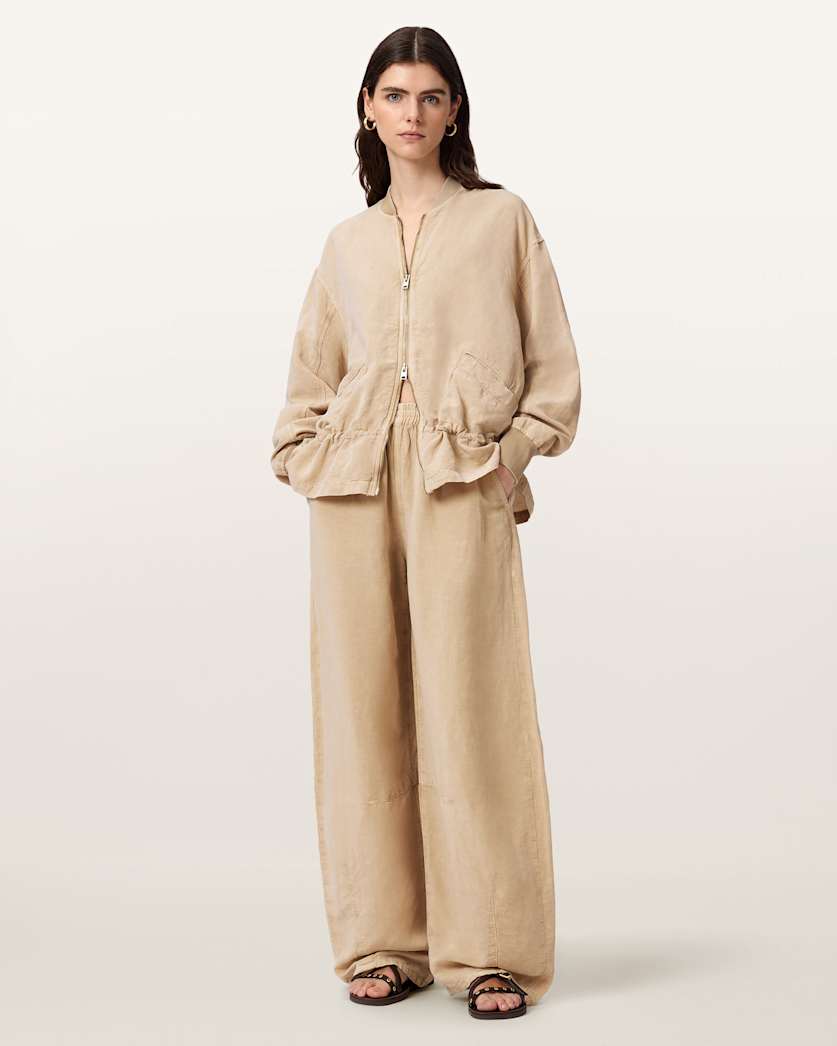 AllSaints Sofi Linen Blend Drawstring Bomber Jacket Women's Sand Brown Women's