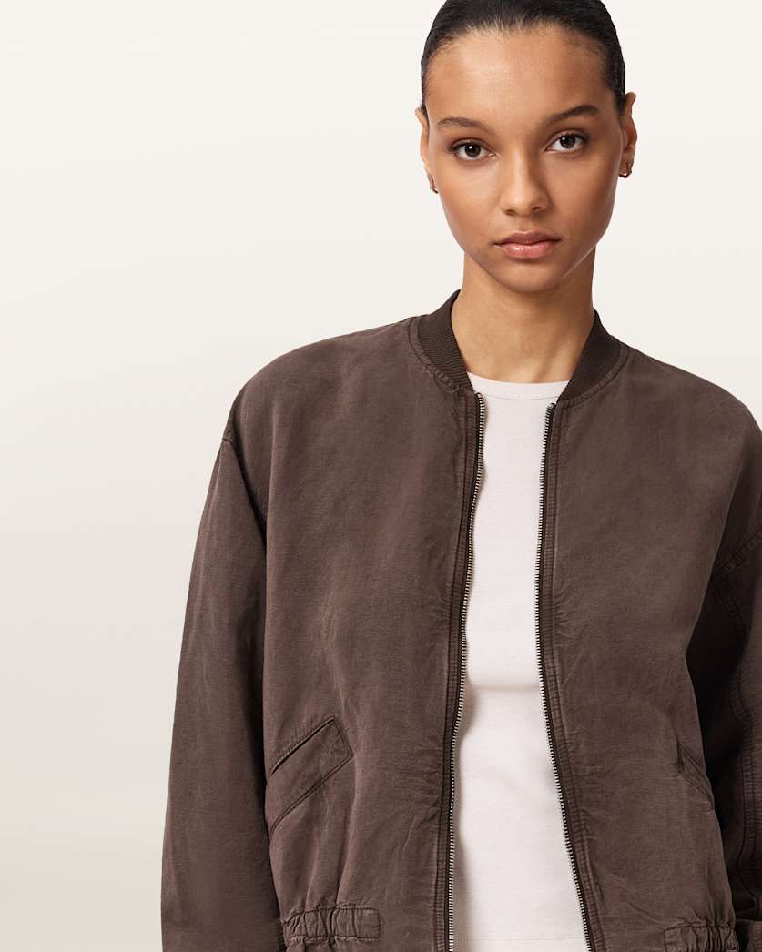 AllSaints Sofi Linen Blend Drawstring Bomber Jacket Women's Sand Brown Women's