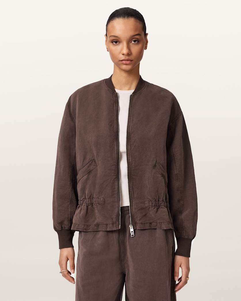 AllSaints Sofi Linen Blend Drawstring Bomber Jacket Women's Sand Brown Women's