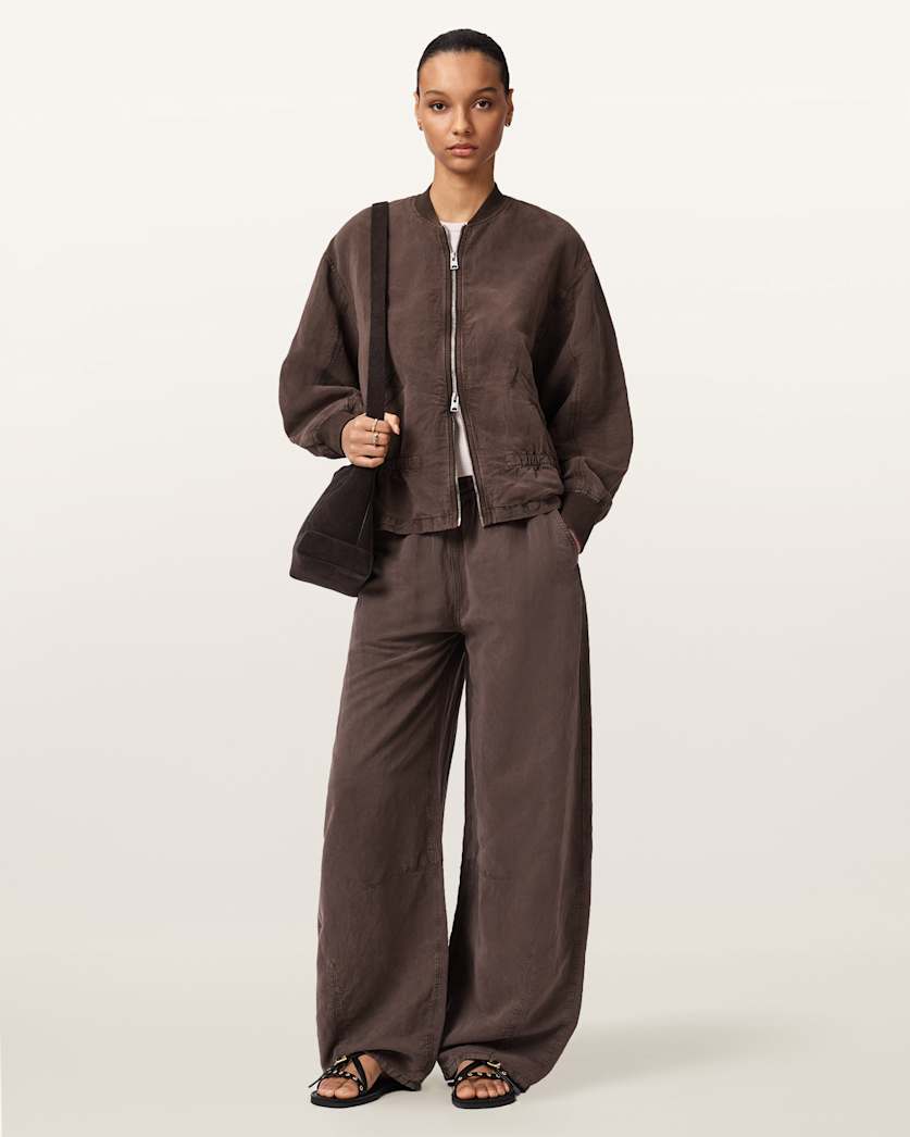 AllSaints Sofi Linen Blend Drawstring Bomber Jacket Women's Sand Brown Women's
