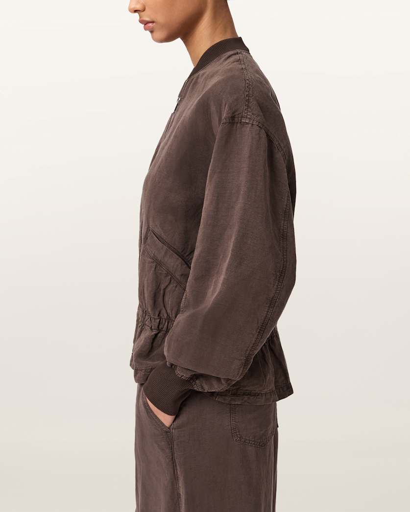 AllSaints Sofi Linen Blend Drawstring Bomber Jacket Women's Sand Brown Women's