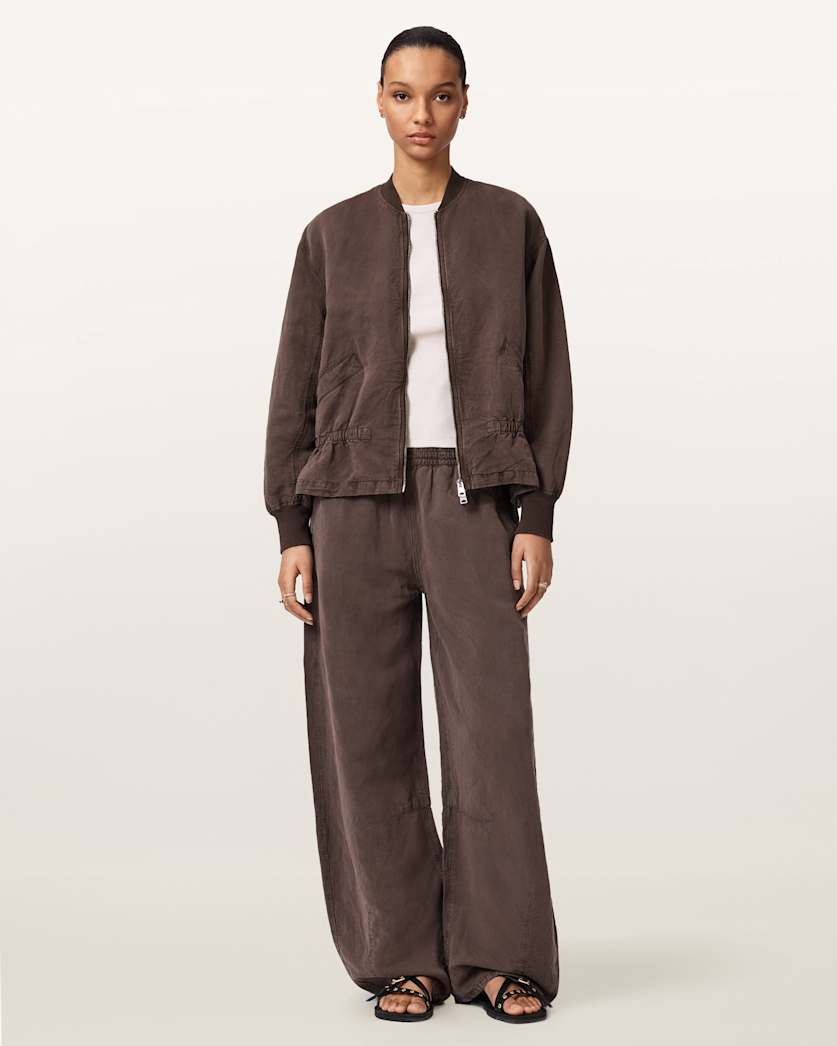 AllSaints Sofi Linen Blend Drawstring Bomber Jacket Women's Sand Brown Women's