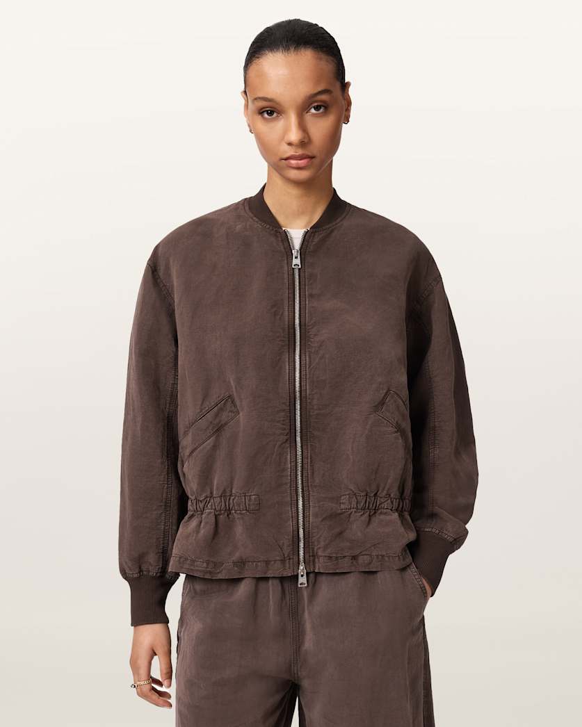 AllSaints Sofi Linen Blend Drawstring Bomber Jacket Women's Sand Brown Women's