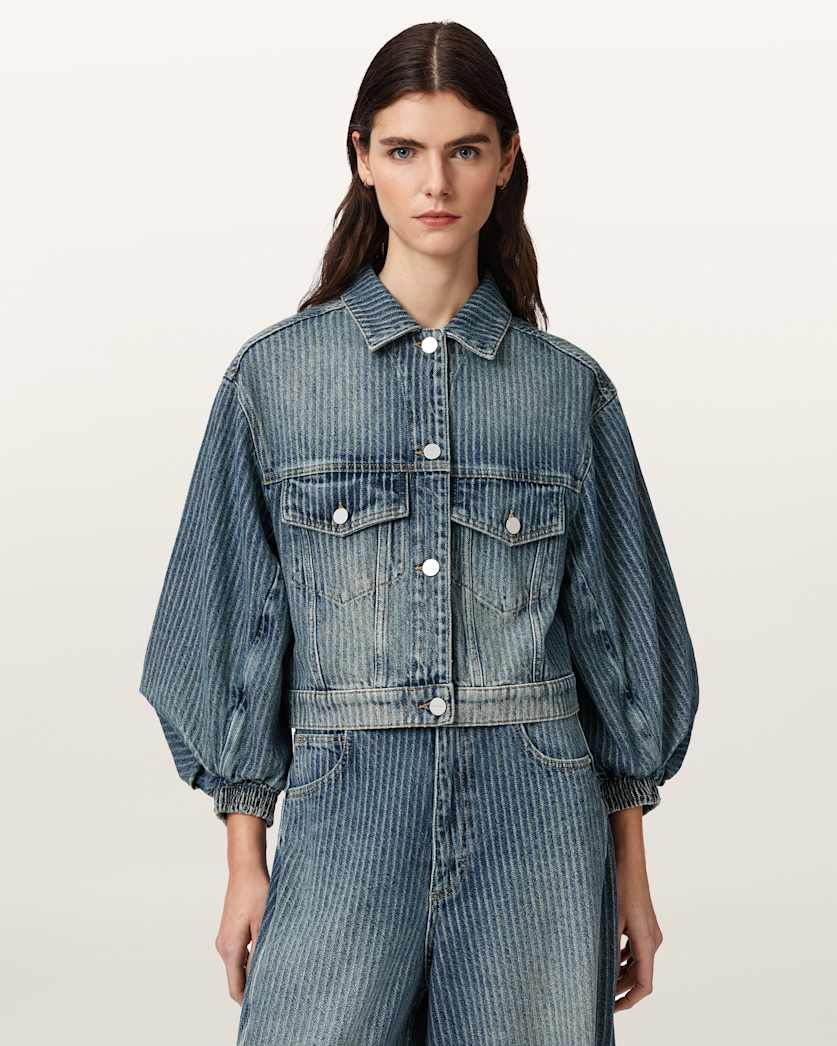 AllSaints Luca Striped Cropped Jacket Women's Titan Blue Women's