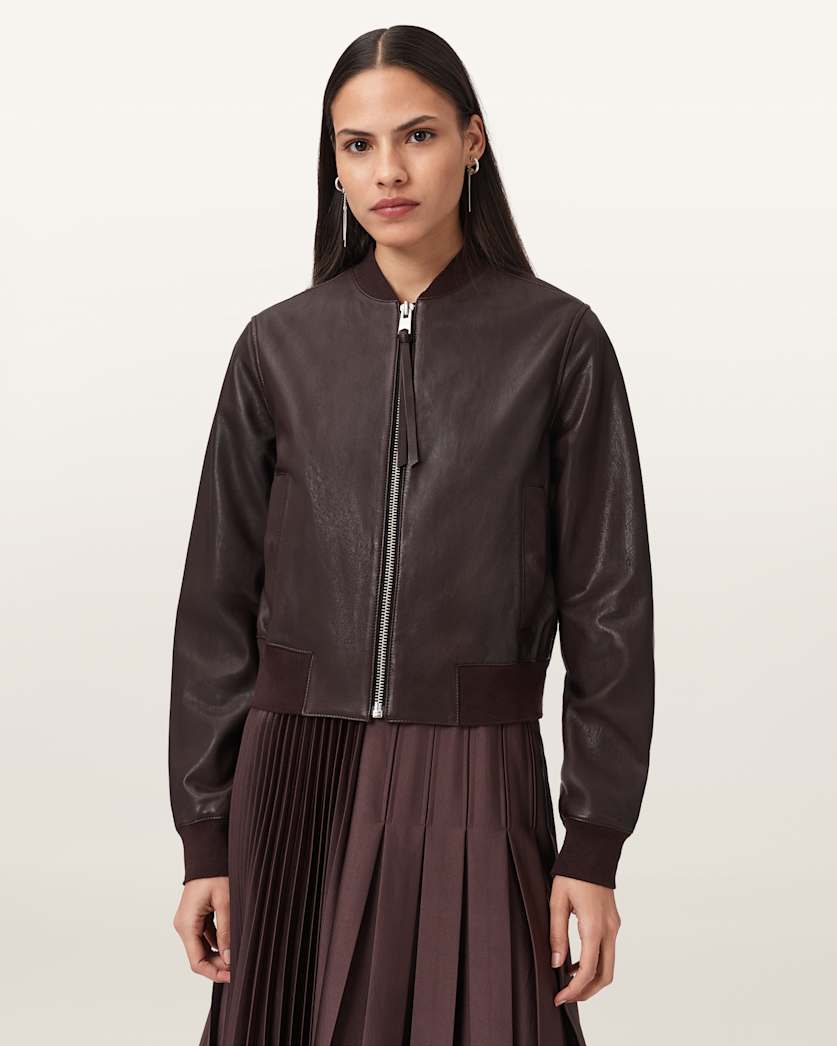AllSaints Orten Leather Bomber Jacket Women's Oxblood Red Women's