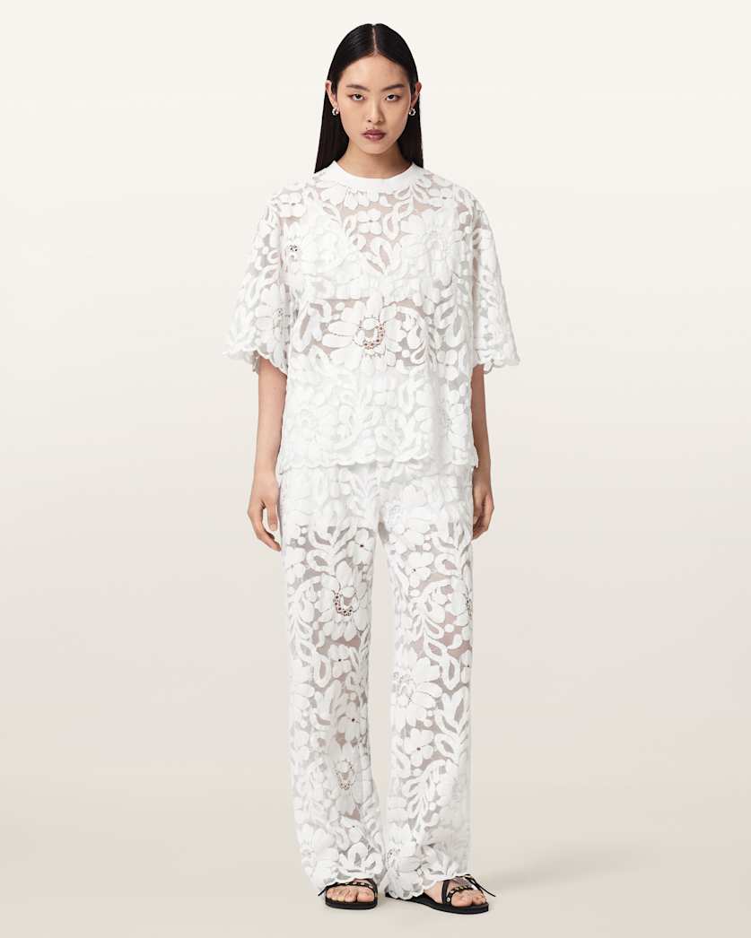 AllSaints Amelie Straight Leg Lace Pants Women's Optic White Women's