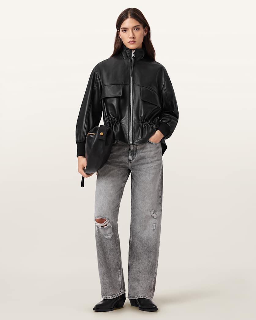 AllSaints Flor Leather Jacket Women's Off White Women's