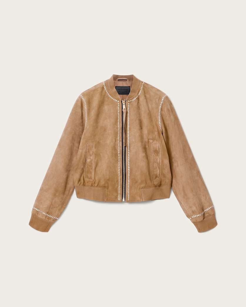 AllSaints Orten Whipstitch Suede Bomber Jacket Women's Sand Brown Women's