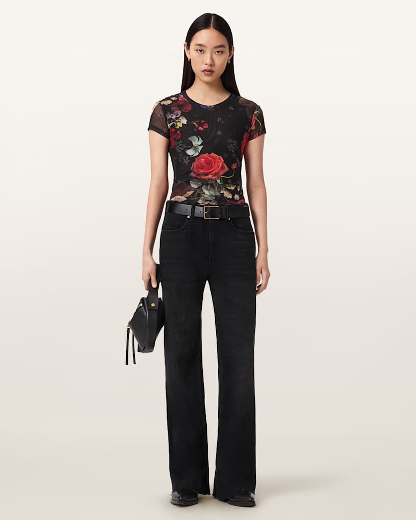 AllSaints Ellie Mesh Floral T Shirt Women's Haze Black Women's