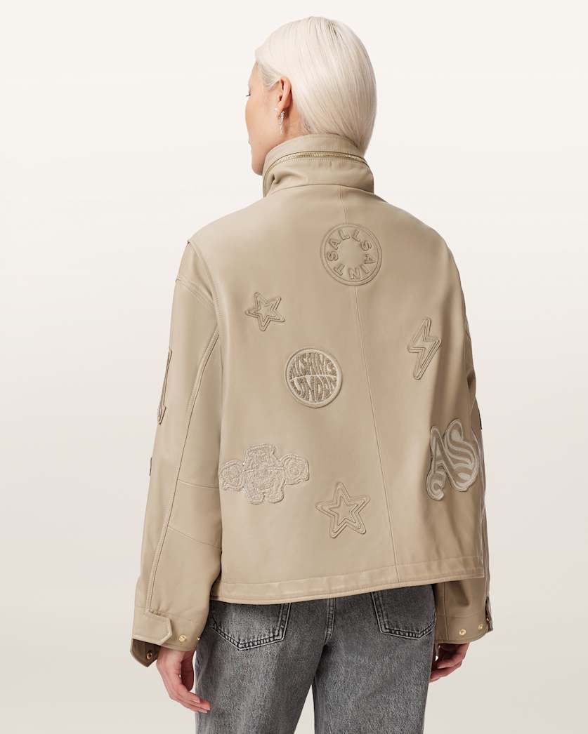 AllSaints Clay Oversized Leather Patch Jacket Women's Taupe Brown Women's