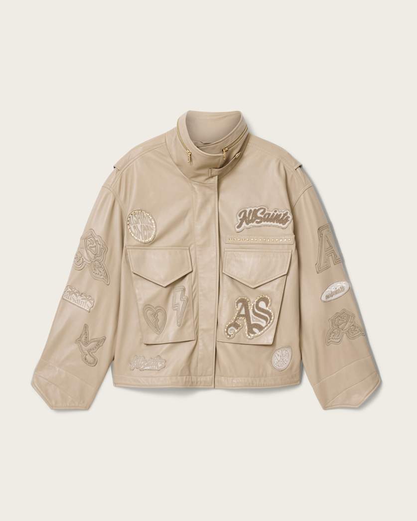 AllSaints Clay Oversized Leather Patch Jacket Women's Taupe Brown Women's