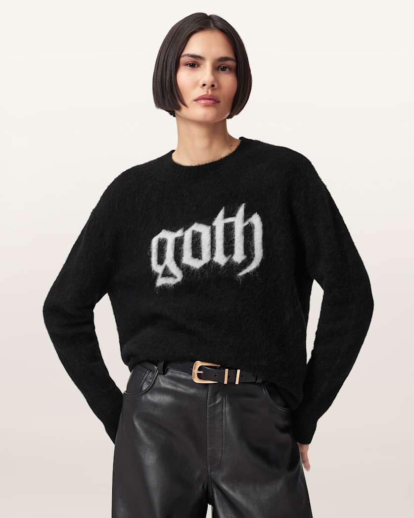 AllSaints Goth Motif Wool Blend Crew Neck Sweater Women's Black Women's