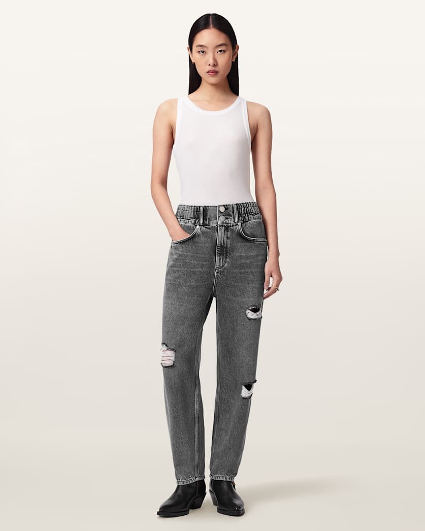 AllSaints Daisy Tapered Leg Distressed Denim Jeans Women's Washed Grey Women's