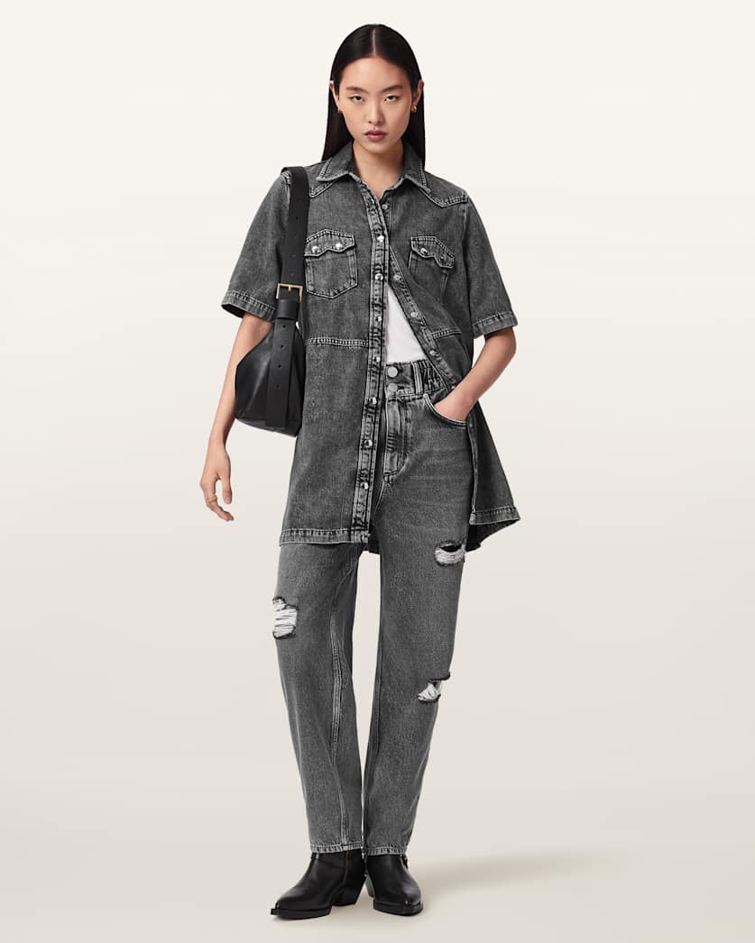 AllSaints Daisy Tapered Leg Distressed Denim Jeans Women's Washed Grey Women's