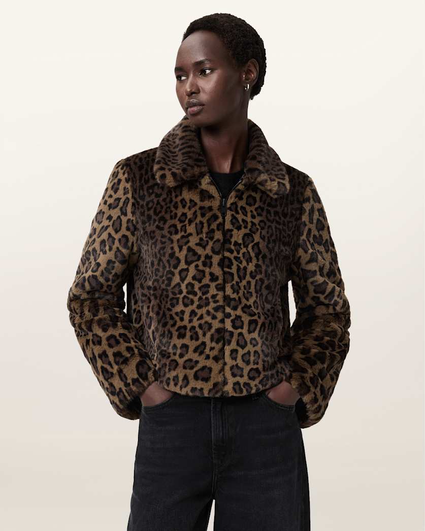 AllSaints Saye Faux Fur Jacket Women's Leopard Brown Women's