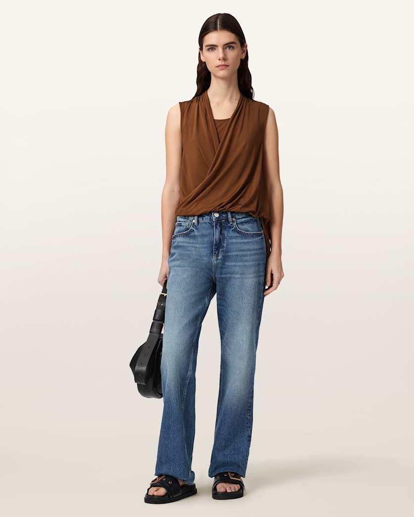 AllSaints Adaline V Neck Wrap Top Women's Cognac Brown Women's
