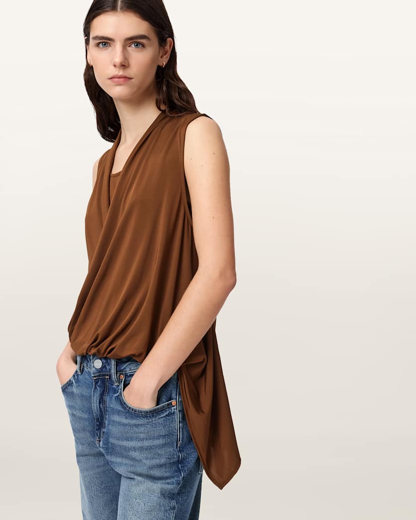 AllSaints Adaline V Neck Wrap Top Women's Cognac Brown Women's