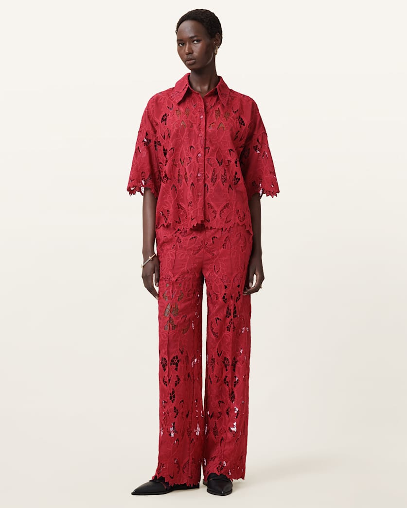 AllSaints Charli Embroidered Straight Fit Pants Women's Burnt Brick Red Women's