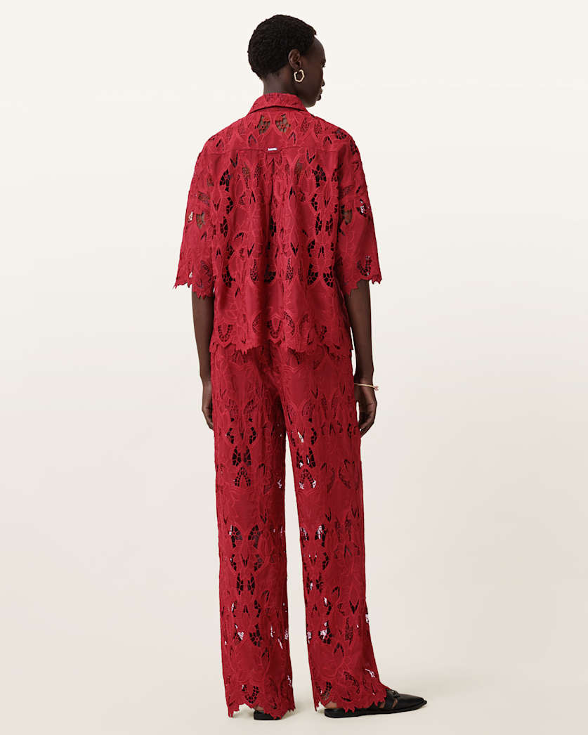 AllSaints Charli Embroidered Straight Fit Pants Women's Burnt Brick Red Women's