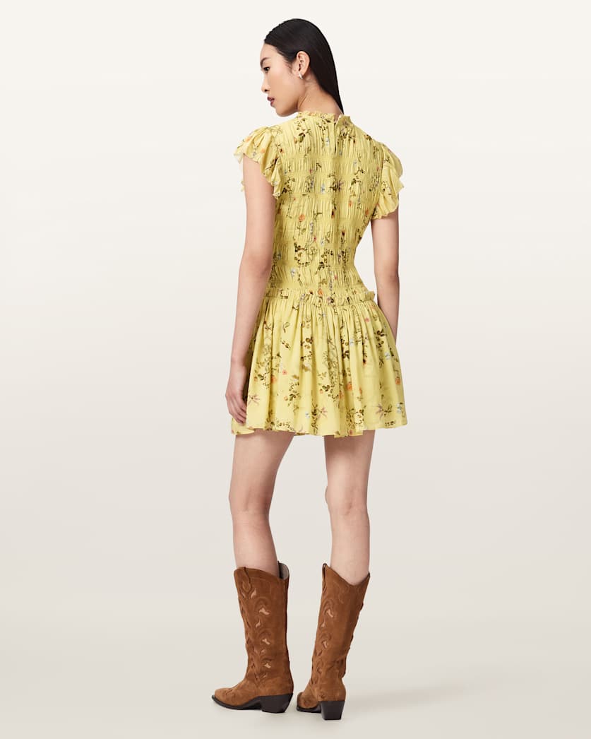 AllSaints Lauren Floral Ruffle Mini Dress Women's Carmel Pale Yellow Women's