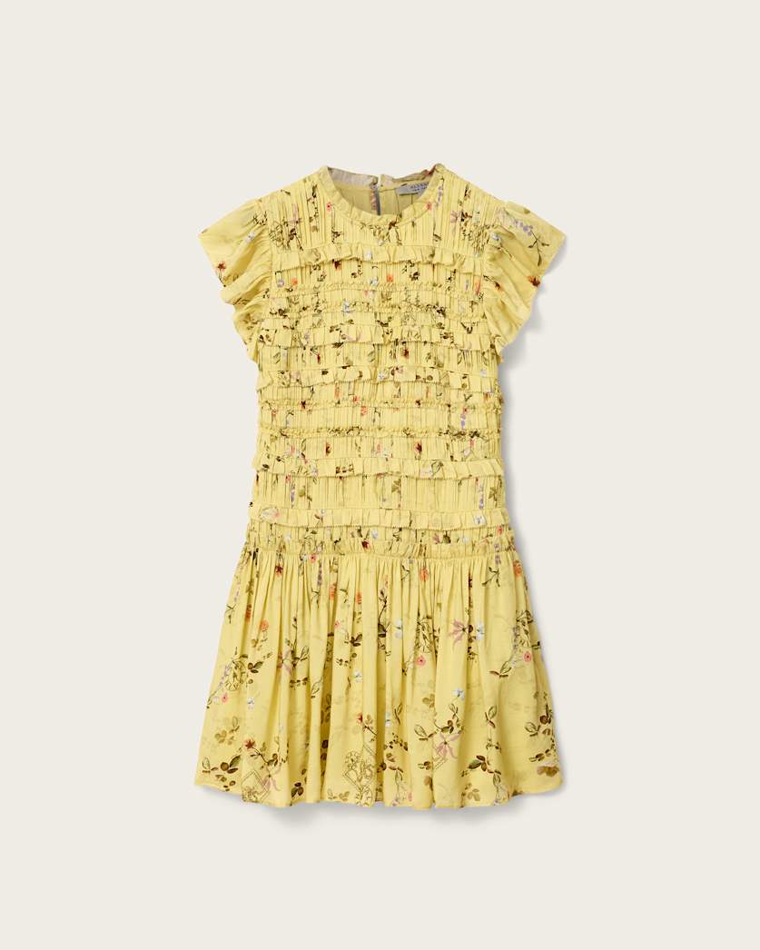 AllSaints Lauren Floral Ruffle Mini Dress Women's Carmel Pale Yellow Women's
