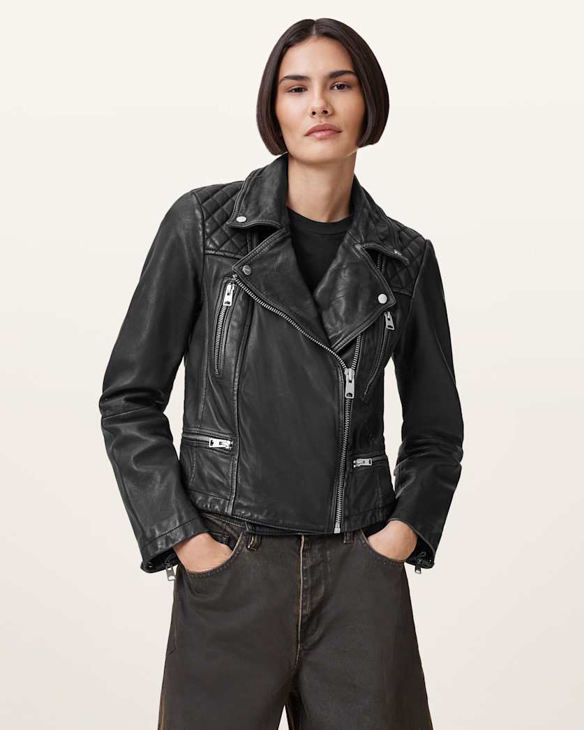 AllSaints Cargo Distressed Leather Biker Jacket Women's Black/Grey Women's