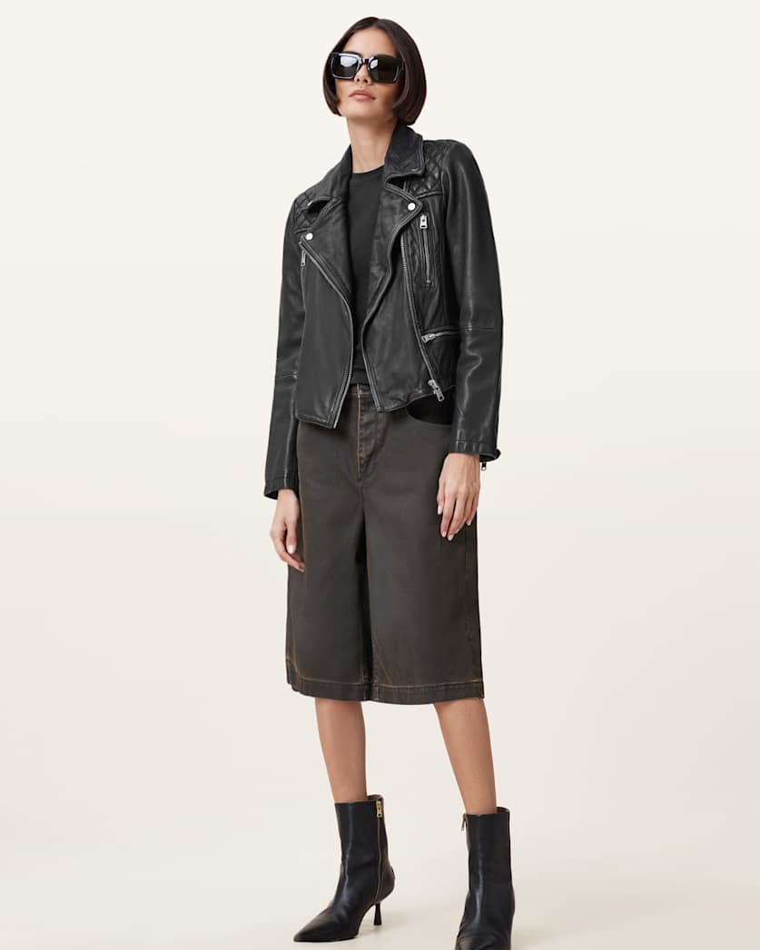 AllSaints Cargo Distressed Leather Biker Jacket Women's Black/Grey Women's