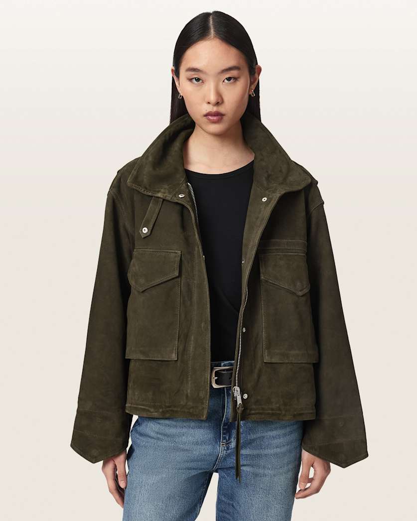 AllSaints Clay Funnel Neck Suede Cropped Jacket Women's Khaki Green Women's