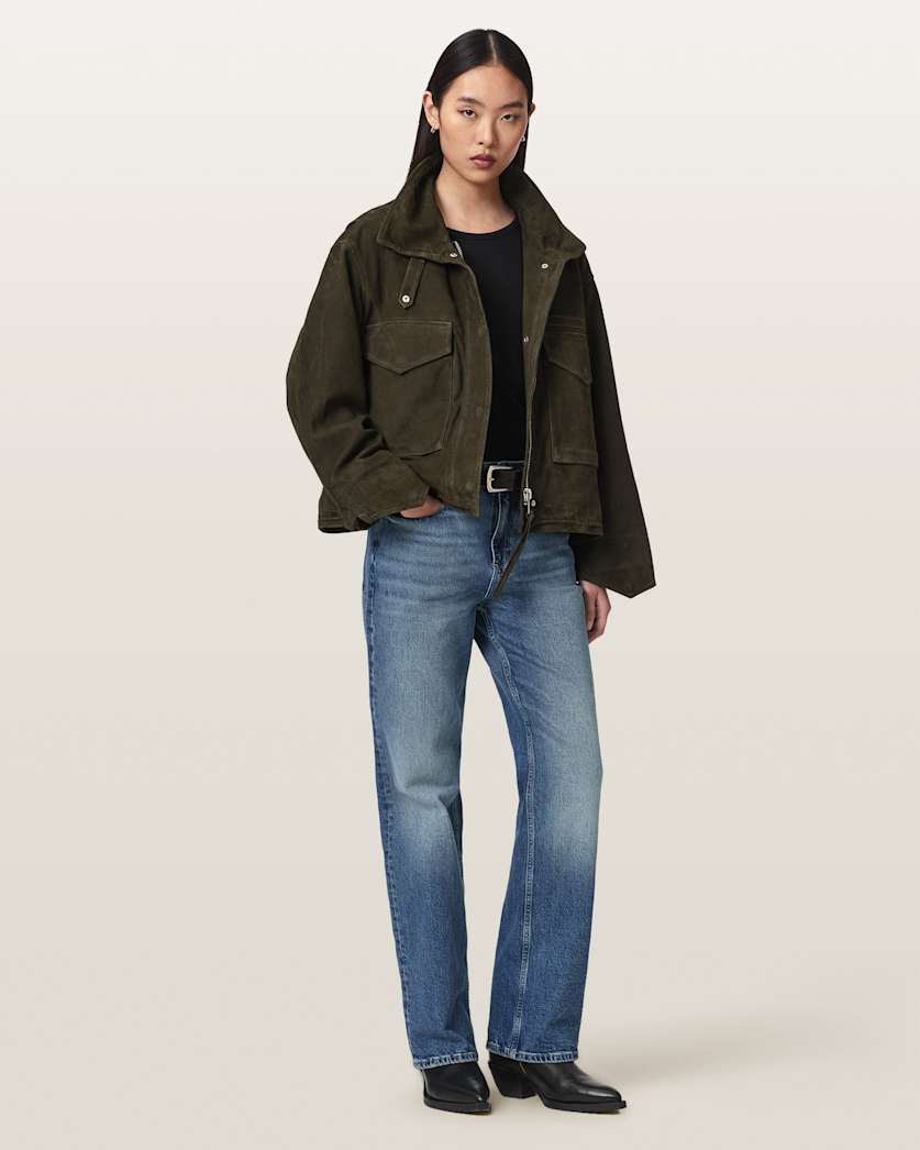 AllSaints Clay Funnel Neck Suede Cropped Jacket Women's Khaki Green Women's