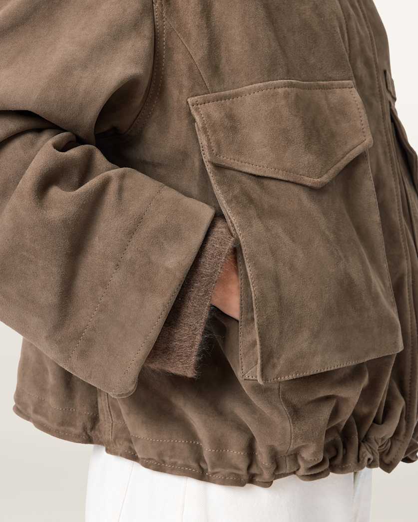 AllSaints Clay Funnel Neck Suede Cropped Jacket Women's Khaki Green Women's
