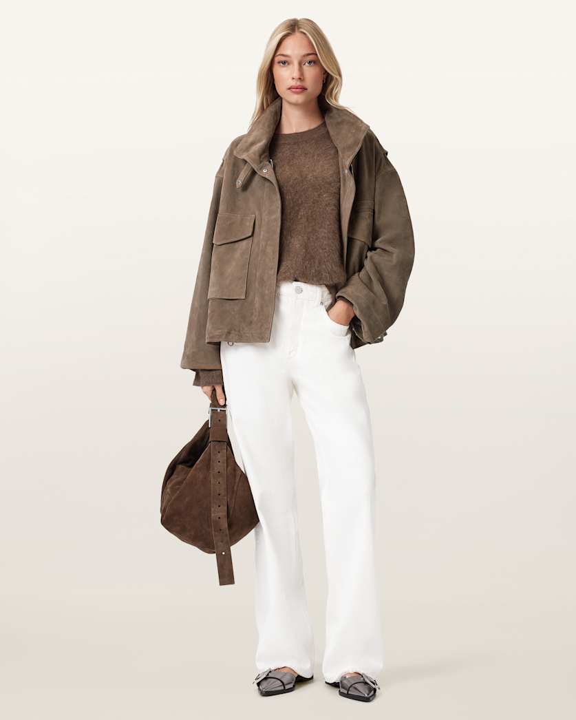 AllSaints Clay Funnel Neck Suede Cropped Jacket Women's Khaki Green Women's