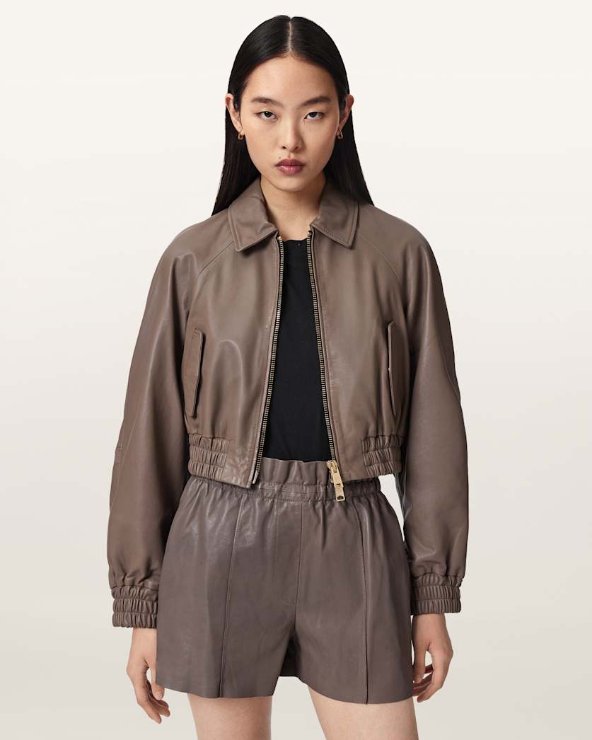 AllSaints Anouk Cropped Leather Bomber Jacket Women's Mole Brown Women's