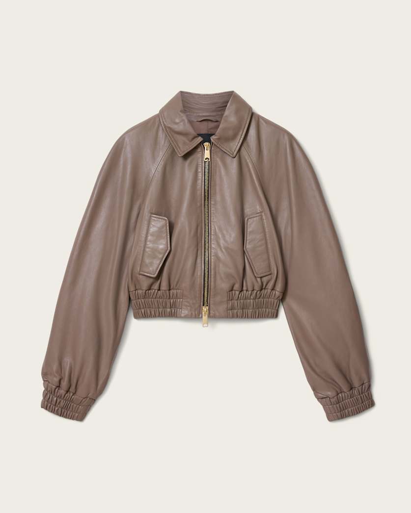 AllSaints Anouk Cropped Leather Bomber Jacket Women's Mole Brown Women's