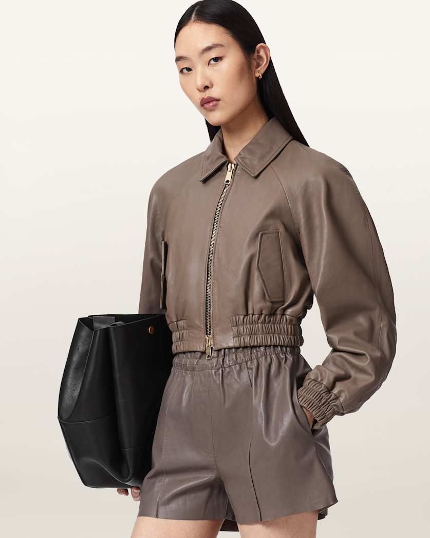 AllSaints Anouk Cropped Leather Bomber Jacket Women's Mole Brown Women's