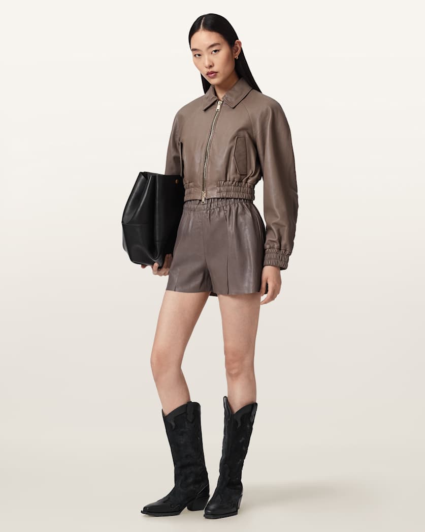 AllSaints Anouk Cropped Leather Bomber Jacket Women's Mole Brown Women's