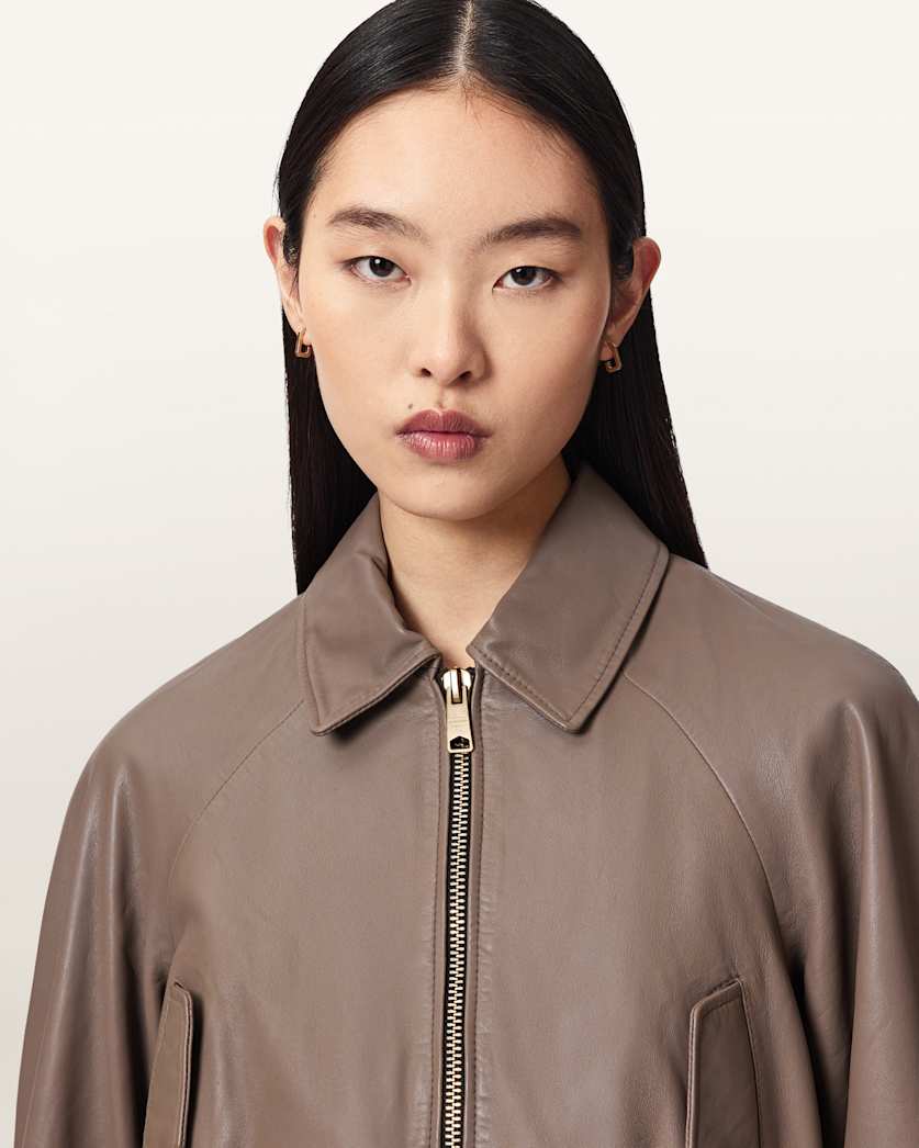 AllSaints Anouk Cropped Leather Bomber Jacket Women's Mole Brown Women's