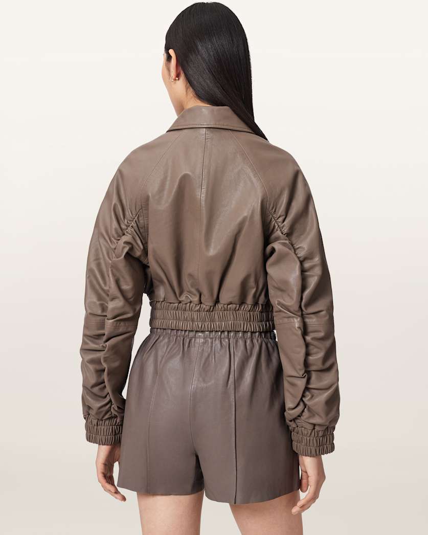 AllSaints Anouk Cropped Leather Bomber Jacket Women's Mole Brown Women's