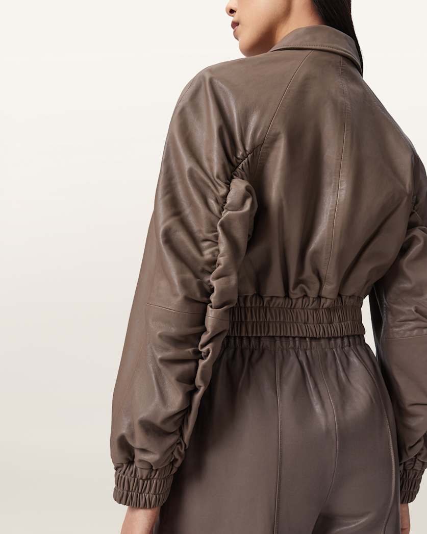 AllSaints Anouk Cropped Leather Bomber Jacket Women's Mole Brown Women's