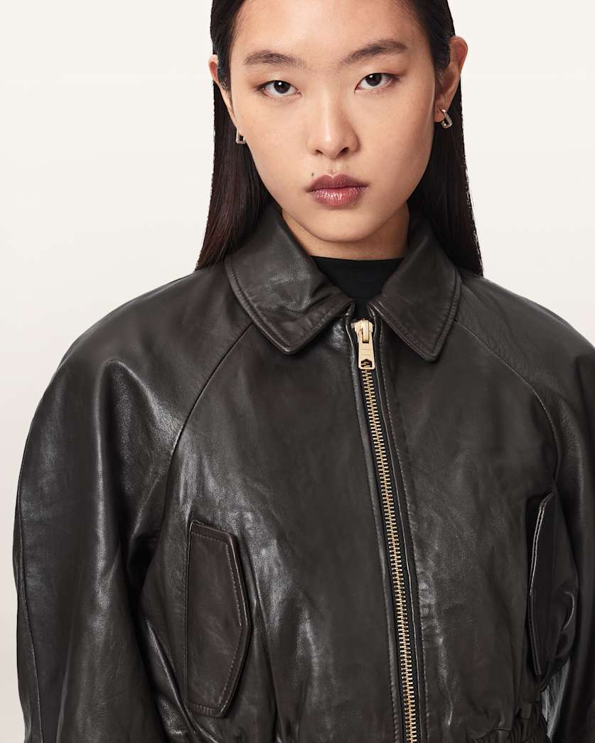 AllSaints Anouk Cropped Leather Bomber Jacket Women's Mole Brown Women's