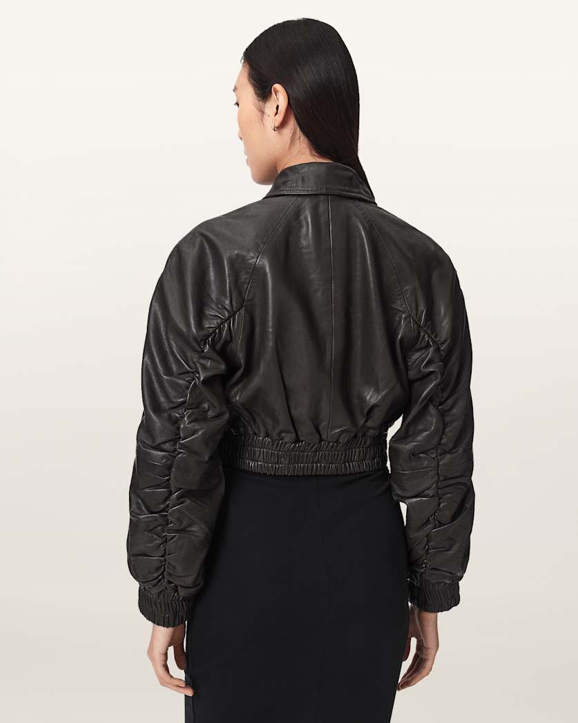 AllSaints Anouk Cropped Leather Bomber Jacket Women's Mole Brown Women's