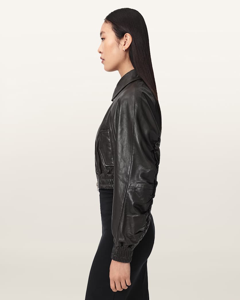AllSaints Anouk Cropped Leather Bomber Jacket Women's Mole Brown Women's
