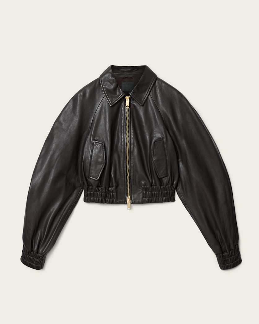 AllSaints Anouk Cropped Leather Bomber Jacket Women's Mole Brown Women's